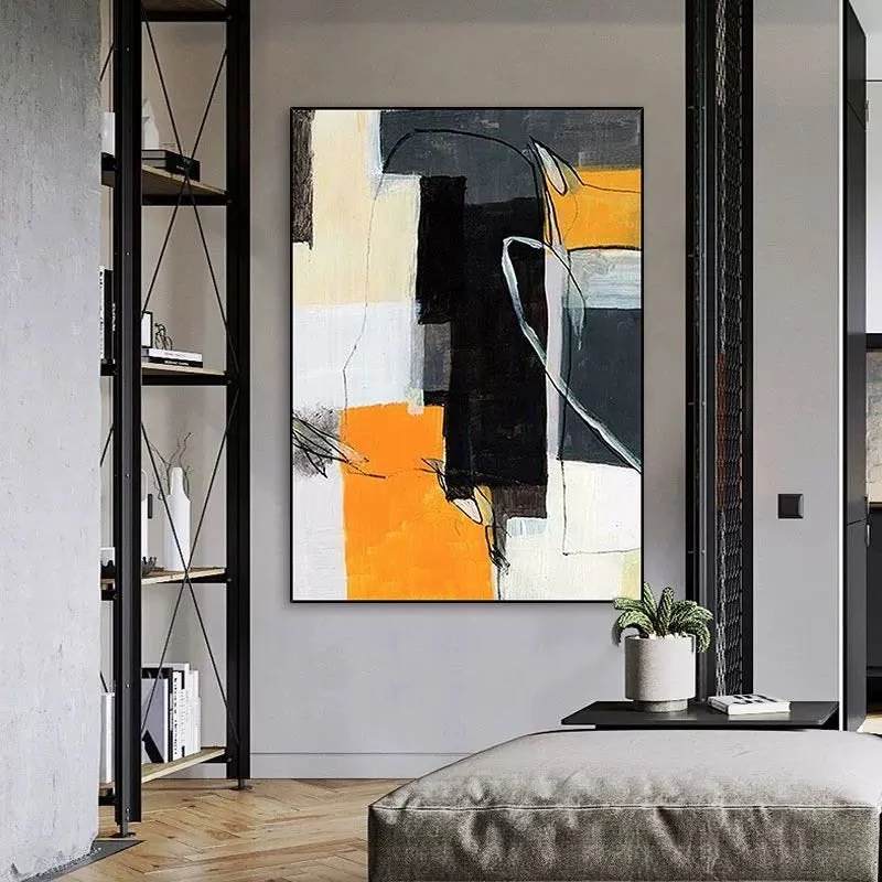 Geometric Original Painting Yellow Black Abstract Canvas Wall Art 1K4E3